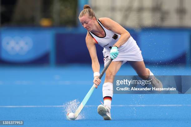 Franzisca Hauke of Team Germany passes the ball during the Women's Preliminary Pool A match between South Africa and Germany on day seven of the...