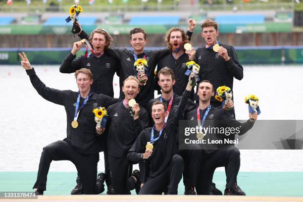 Gold medalists Team New Zealand pose with their medals during the Men's Eight Final A on day seven of the Tokyo 2020 Olympic Games at Sea Forest...