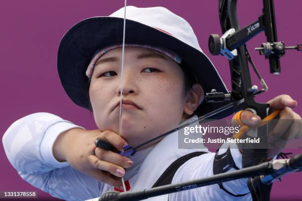 Miki Nakamura of Team Japan competes in the archery Women's Individual 1/8 Eliminations on day seven of the Tokyo 2020 Olympic Games at Yumenoshima...