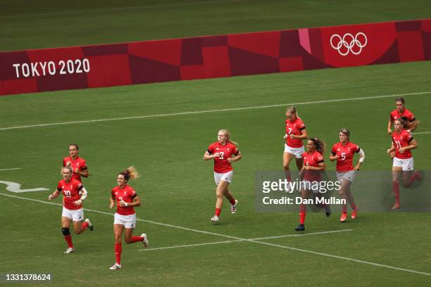 Team Great Britain take to the field in the Women’s pool A match between Team Great Britain and Team Kenya during the Rugby Sevens on day seven of...