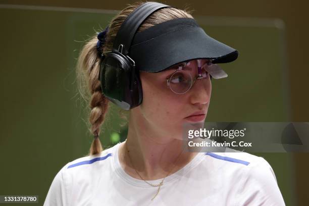 Anna Korakaki of Team Greece competes in 25m Pistol Women's Qualification on day seven of the Tokyo 2020 Olympic Games at Asaka Shooting Range on...
