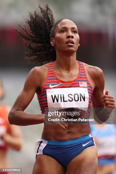 Ajee Wilson of Team United States competes during round one of the Women's 800m heats on day seven of the Tokyo 2020 Olympic Games at Olympic Stadium...