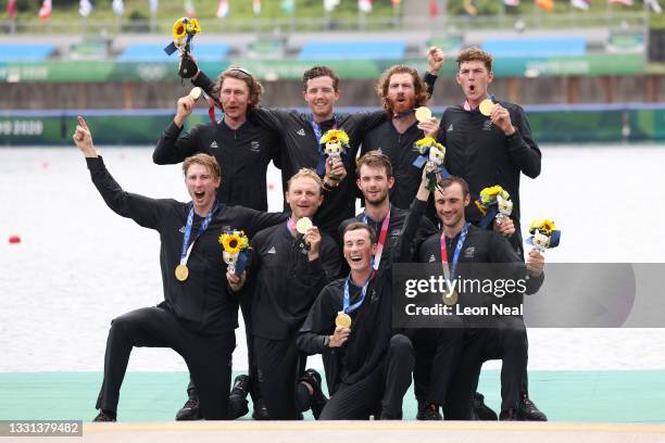 Gold medalists Team New Zealand pose with their medals during the medal ceremony for the Men's Eight Final A on day seven of the Tokyo 2020 Olympic...