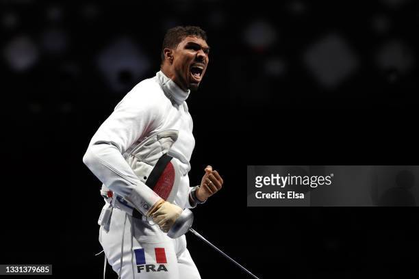 Yannick Borel of Team France celebrates during his bout against Masaru Yamada of Team Japan in Men's Épée Team Quarterfinal on day seven of the Tokyo...