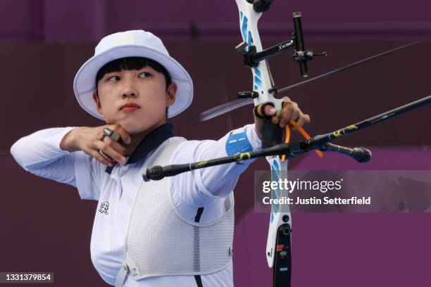 San An of Team South Korea competes in the archery Women's Individual 1/8 Eliminations on day seven of the Tokyo 2020 Olympic Games at Yumenoshima...