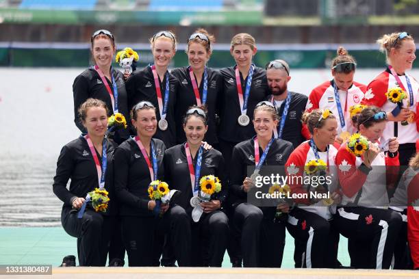 Silver medalists Team New Zealand pose with their medals during the medal ceremony for the Women's Eight Final A on day seven of the Tokyo 2020...