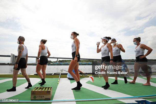 Team New Zealand celebrates winning the silver medal during the Women's Eight Final A on day seven of the Tokyo 2020 Olympic Games at Sea Forest...