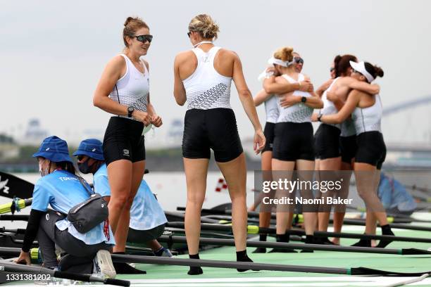 Team New Zealand celebrates winning the silver medal in the Women's Eight Final A on day seven of the Tokyo 2020 Olympic Games at Sea Forest Waterway...