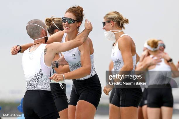 Team New Zealand celebrate winning the silver medal during the Women's Eight Final A on day seven of the Tokyo 2020 Olympic Games at Sea Forest...