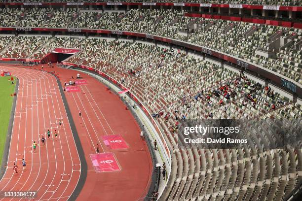 Athletes compete during round one of the Men's 3000m Steeplechase heats on day seven of the Tokyo 2020 Olympic Games at Olympic Stadium on July 30,...