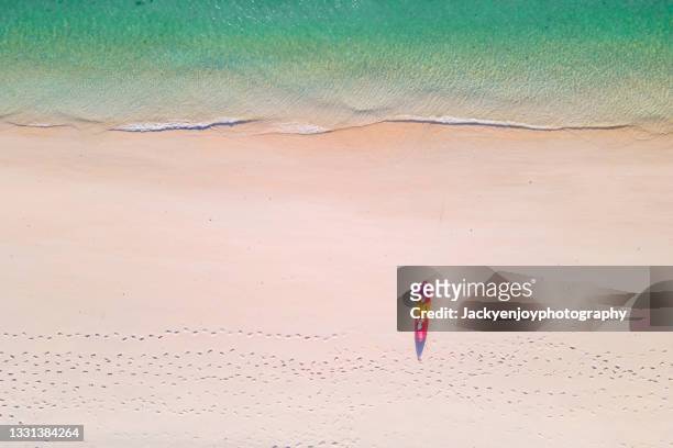 aerial view of sandy tropical beach and kayak, railay,krabi province, thailand . - railay strand stock pictures, royalty-free photos & images