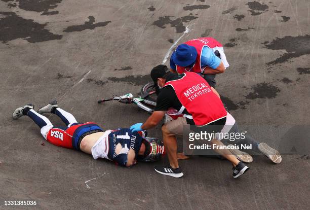 Connor Fields of Team United States receives medical treatment after a crash during the Men's BMX semifinal heat 1, run 3 on day seven of the Tokyo...