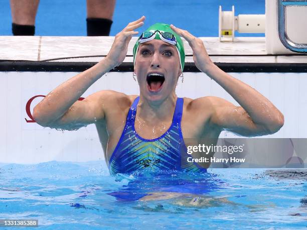 Tatjana Schoenmaker of Team South Africa reacts after winning the gold medal and breaking the world record after competing in the Women's 200m...