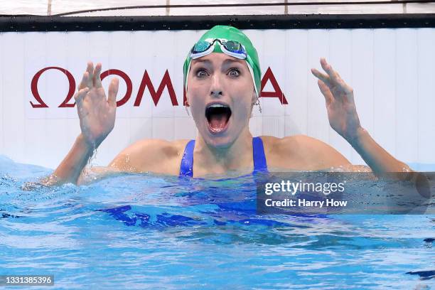 Tatjana Schoenmaker of Team South Africa reacts after winning the gold medal and breaking the world record after competing in the Women's 200m...