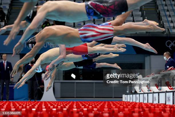 Shun Wang of Team China competes in the Men's 200m Individual Medley Final on day seven of the Tokyo 2020 Olympic Games at Tokyo Aquatics Centre on...