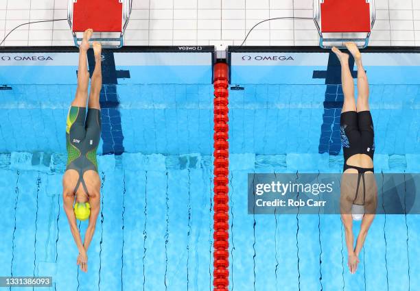Emma McKeon of Team Australia competes in the Women's 100m Freestyle Final on day seven of the Tokyo 2020 Olympic Games at Tokyo Aquatics Centre on...
