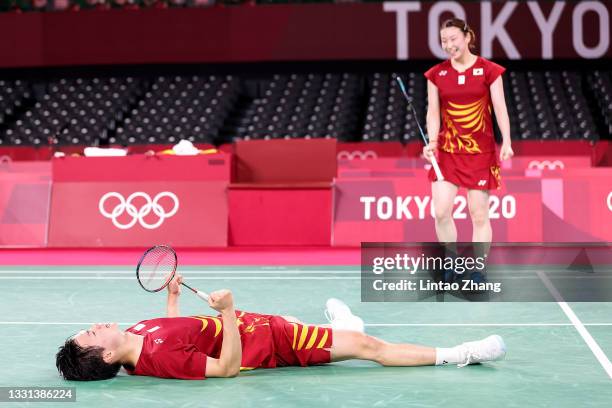 Yuta Watanabe and Arisa Higashino of Team Japan celebrate after winning against Tang Chun Man and Tse Ying Suet of Team Hong Kong China during the...