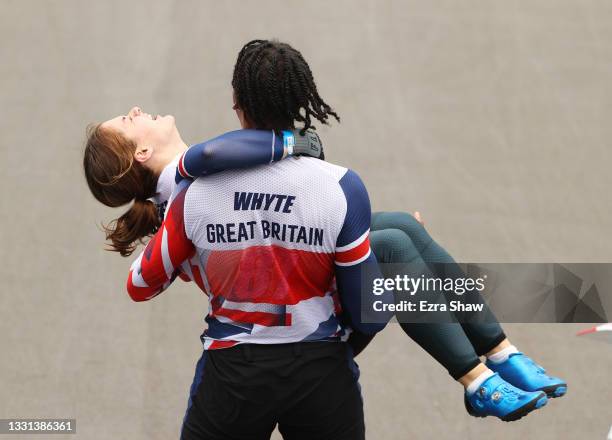 Silver medalist Kye Whyte of Team Great Britain and gold medalist Bethany Shriever of Team Great Britain celebeate during the BMX final on day seven...