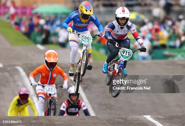 Mariana Pajon of Team Colombia and Bethany Shriever of Team Great Britain as they jump during the Women's BMX final on day seven of the Tokyo 2020...