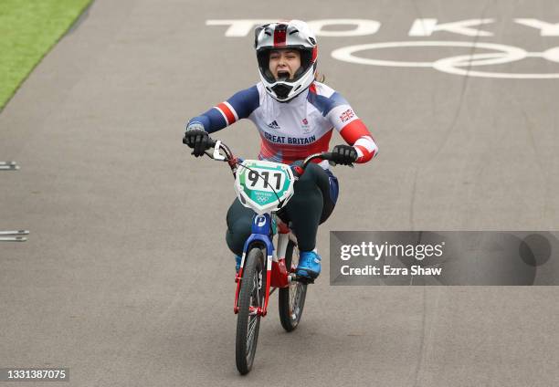 Bethany Shriever of Team Great Britain celebrates winning the gold medal during the Women's BMX final on day seven of the Tokyo 2020 Olympic Games at...