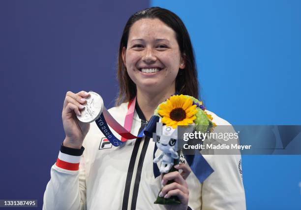 Silver medalist Siobhan Bernadette Haughey of Team Hong Kong poses during the medal ceremony for the Women's 100m Freestyle Final on day seven of the...