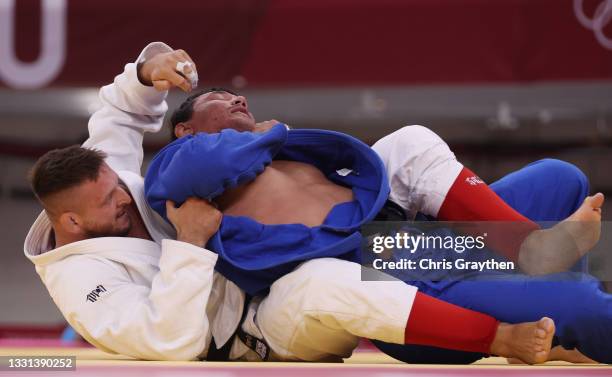 Lukas Krpalek of Team Czech Republic and Bekmurod Oltiboev of Team Uzbekistan compete during the Men’s Judo +100kg Quarterfinal on day seven of the...