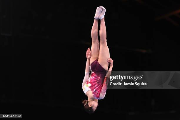 Hikaru Mori of Team Japan competes in the Women's Trampoline Qualification on day seven of the Tokyo 2020 Olympic Games at Ariake Gymnastics Centre...