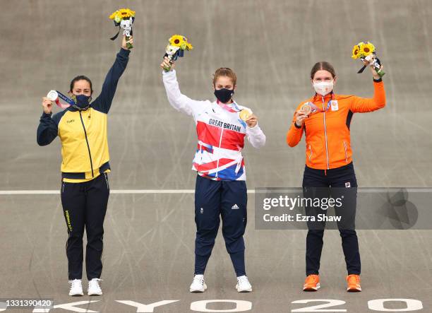 Silver medalist Mariana Pajon of Team Colombia, gold medalist Bethany Shriever of Team Great Britain, and bronze medalist Merel Smulders of Team...