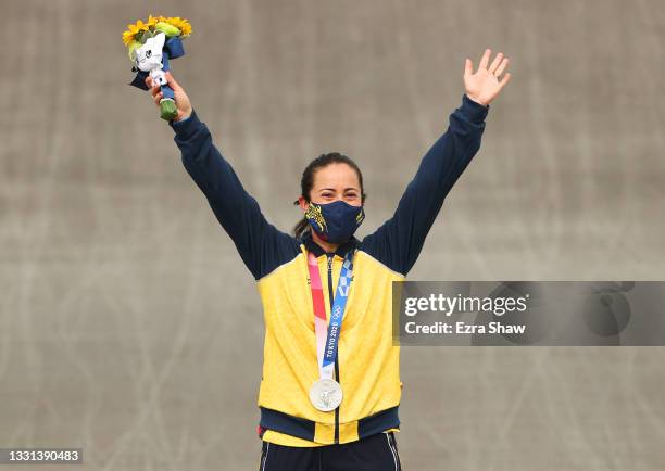 Mariana Pajon of Team Colombia poses with the silver medal after the Women's BMX final on day seven of the Tokyo 2020 Olympic Games at Ariake Urban...