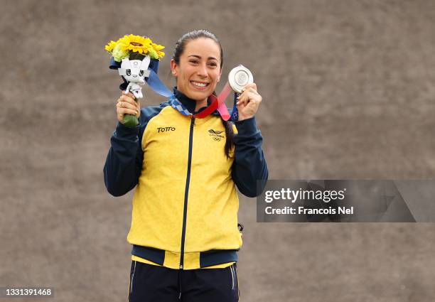 Mariana Pajon of Team Colombia poses with the silver medal after the Women's BMX final on day seven of the Tokyo 2020 Olympic Games at Ariake Urban...