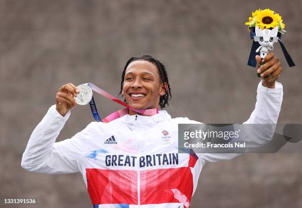Kye Whyte of Team Great Britain poses with the silver medal after the Men's BMX final on day seven of the Tokyo 2020 Olympic Games at Ariake Urban...