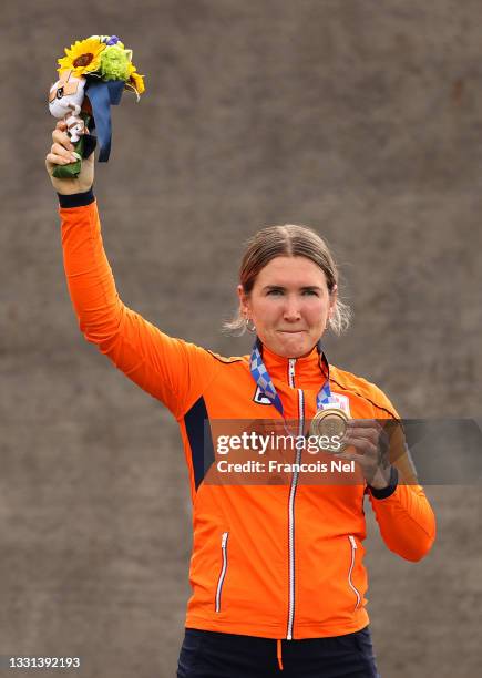 Merel Smulders of Team Netherlands poses with the bronze medal after the Women's BMX final on day seven of the Tokyo 2020 Olympic Games at Ariake...