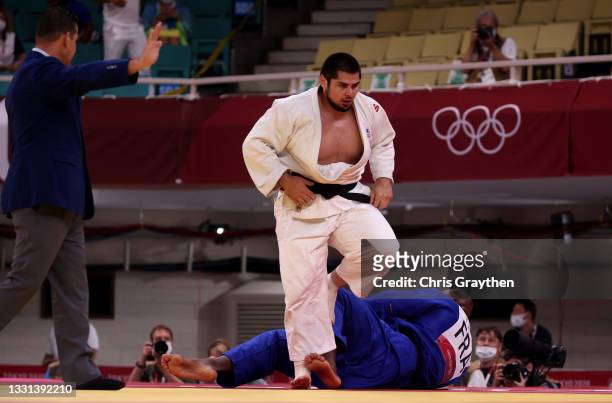 Tamerlan Bashev of Team ROC defeats Teddy Riner of Team France during the Men’s Judo +100kg Quarterfinal on day seven of the Tokyo 2020 Olympic Games...