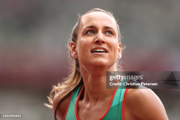 Inna Eftimova of Team Bulgaria looks on after she competes in the Women's 100 metres round one heats on day seven of the Tokyo 2020 Olympic Games at...