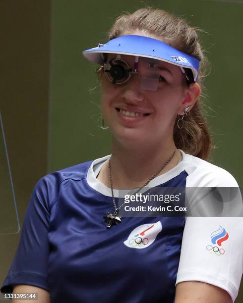 Vitalina Batsarashkina of Team ROC competes in 25m Pistol Women's Finals on day seven of the Tokyo 2020 Olympic Games at Asaka Shooting Range on July...