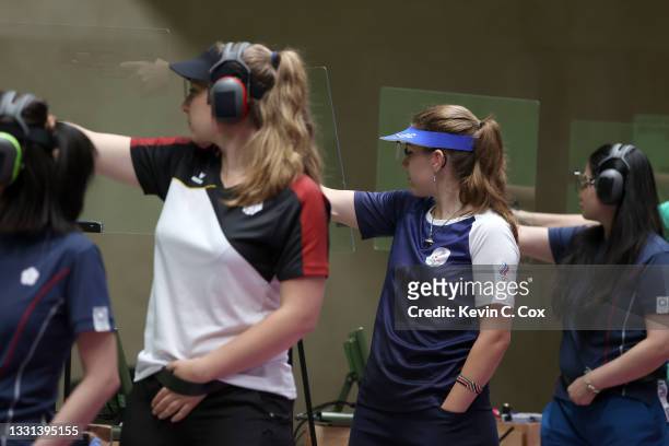 Vitalina Batsarashkina of Team ROC competes in 25m Pistol Women's Finals on day seven of the Tokyo 2020 Olympic Games at Asaka Shooting Range on July...