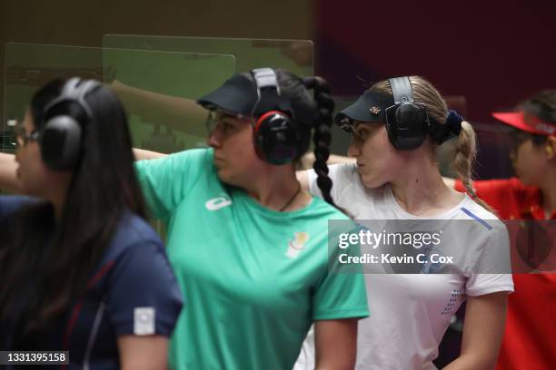 Anna Korakaki of Team Greece competes in 25m Pistol Women's Finals on day seven of the Tokyo 2020 Olympic Games at Asaka Shooting Range on July 30,...