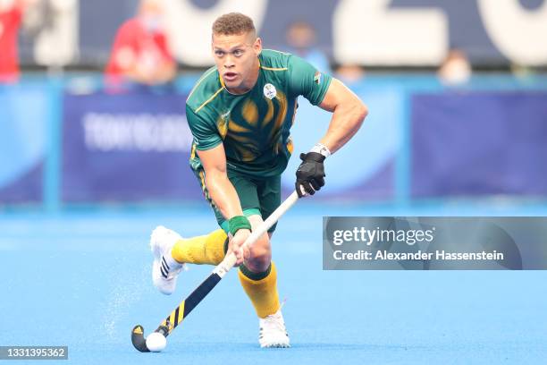 Keenan Craig Horne of Team South Africa controls the ball during the Men's Preliminary Pool A match between Canada and South Africa on day seven of...