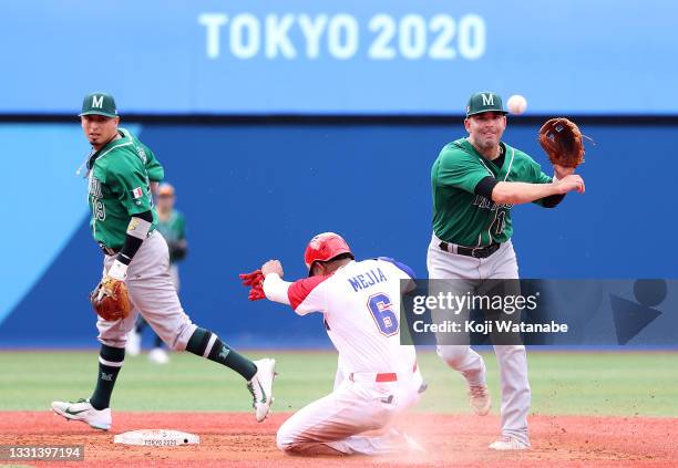 Daniel Espinosa of Team Mexico throws to first base to finish the double play as Erick Mejia Buret of Team Dominican Republic slides into second base...