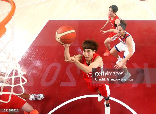 Rui Machida of Team Japan goes up for a shot against United States during the second half of a Women's Basketball Preliminary Round Group B game on...