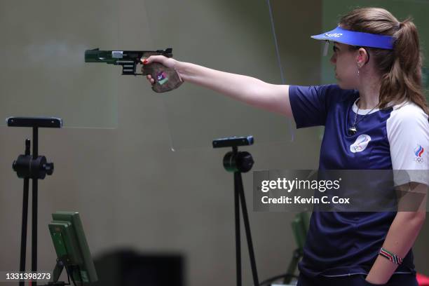 Gold Medalist Vitalina Batsarashkina competes in 25m Pistol Women's Finals on day seven of the Tokyo 2020 Olympic Games at Asaka Shooting Range on...