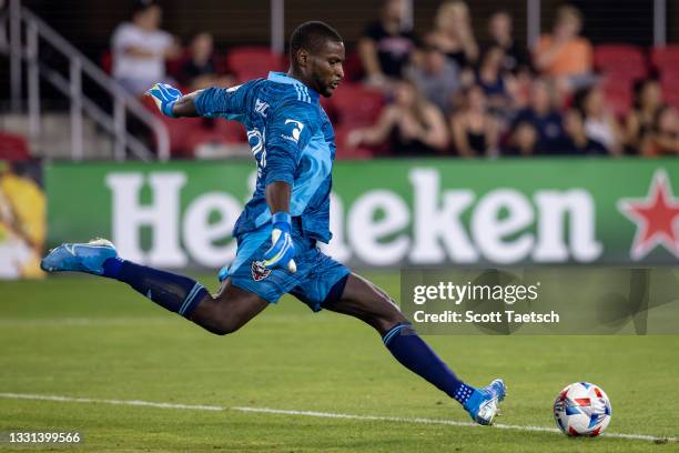 Bill Hamid of D.C. United kicks the ball against the New York Red Bulls during the second half of the MLS game at Audi Field on July 25, 2021 in...