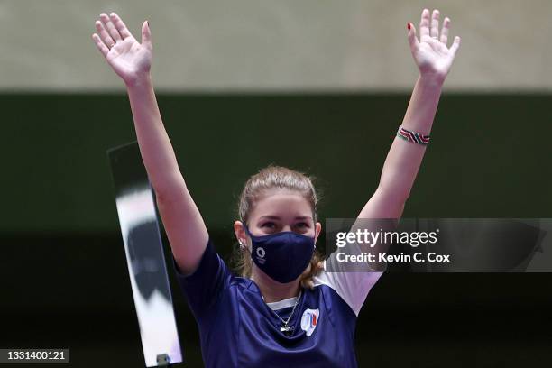 Gold Medalist Vitalina Batsarashkina of Team ROC following the 25m Pistol Women's Finals on day seven of the Tokyo 2020 Olympic Games at Asaka...