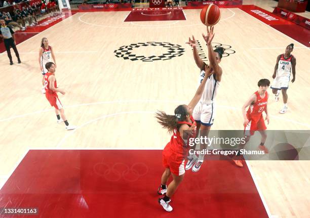 Ja Wilson of Team United States \shoots against Japan during the second half of a Women's Basketball Preliminary Round Group B game on day seven of...