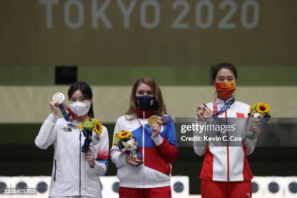 Silver Medalist Minjung Kim of Team South Korea, Gold Medalist Vitalina Batsarashkina of Team ROC, and Bronze Medalist Jiaruixuan Xiao of Team China...