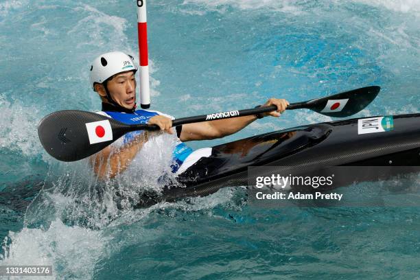 Kazuya Adachi of Team Japan competes during the Men's Kayak Slalom Semi-final on day seven of the Tokyo 2020 Olympic Games at Kasai Canoe Slalom...