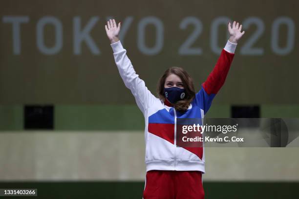 Gold Medalist Vitalina Batsarashkina of Team ROC poses on the podium following the 25m Pistol Women's Finals on day seven of the Tokyo 2020 Olympic...