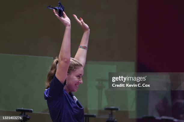 Gold Medalist Vitalina Batsarashkina of Team ROC celebrates following the 25m Pistol Women's Finals on day seven of the Tokyo 2020 Olympic Games at...