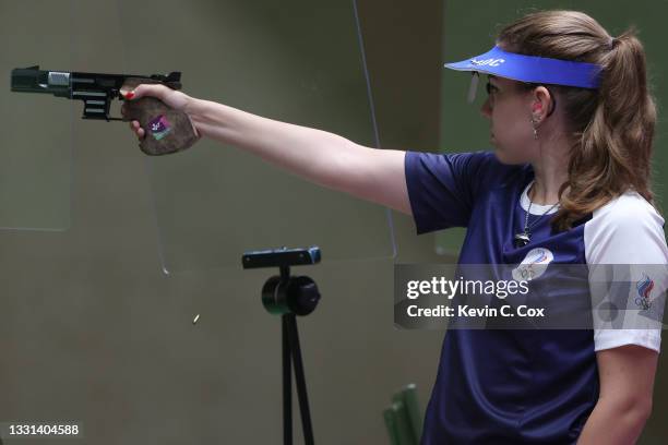 Gold Medalist Vitalina Batsarashkina competes in 25m Pistol Women's Finals on day seven of the Tokyo 2020 Olympic Games at Asaka Shooting Range on...