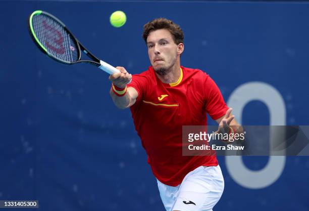 Pablo Carreno Busta of Team Spain plays a forehand during his Men's Singles Semifinal match against Karen Khachanov of Team ROC on day seven of the...